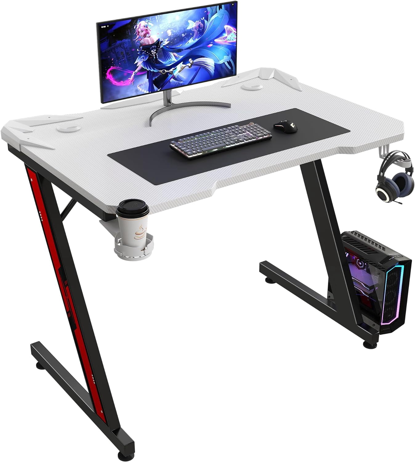 Gaming Computer Desk with Carbon Fiber Surface, Gaming Table Z Shaped ...