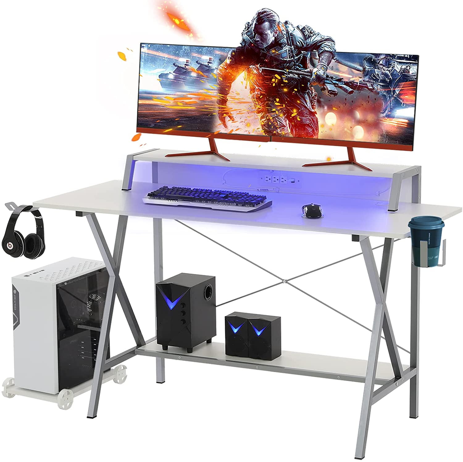 White Gaming Desk with LED Lights 78.8'' Computer Desk with Hutch & Monitor  Stand Ergonomic Home Office Desk Table for Bedroom Living Room 