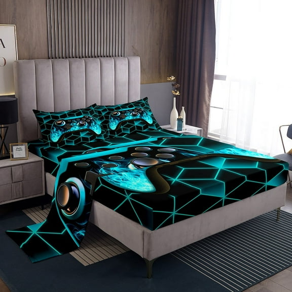 Gaming Consoles Bed Sheets Set Neon Geometry Video Game Gaming Sheet Set,3D Geometric Gamer Sheets Queen Size Bed Set Teal Flame Fitted Sheet