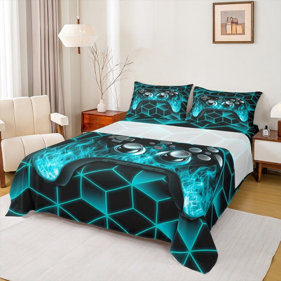 Gaming Consoles Bed Sheets Set Neon Geometry Video Game Gaming Sheet Set,3D Geometric Gamer Sheets Queen Size Bed Set Teal Flame Fitted Sheet
