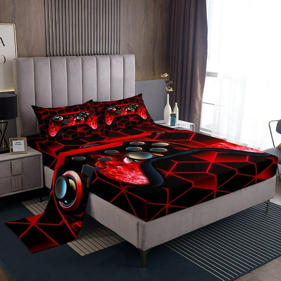 Gaming Consoles Bed Sheets Set Neon Geometry Video Game Gaming Sheet Set,Geometric Gamer Sheets Queen Size Bed Set Red Flame Fitted Sheet,Gamer Room Decor Bedroom Decor