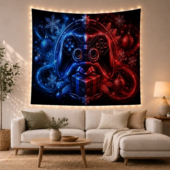Gaming Controller Among Snowflakes and Ornaments, Cozy Digital Art for Gamers, Holiday Gaming Decor, Christmas Gift, Tapestry Wall Hanging for Gaming Room and Bedroom