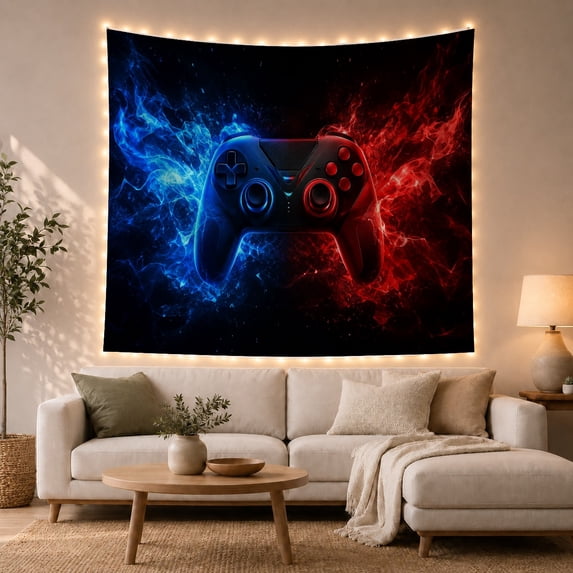 Gaming Controller Against Blue and Red Energy, Dramatic Digital Art for Gamers, Electric Gaming Decor, Birthday Gift, Tapestry Wall Hanging for Gaming Room and Teen Bedroom