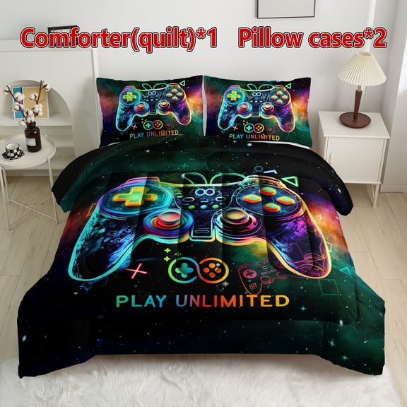 Gaming Controller Comforter Bedding Set for Boys Teens, Game Controller Printed Bed Set, 1 Comforter + 2 Pillowcases, All Season Soft Bedding