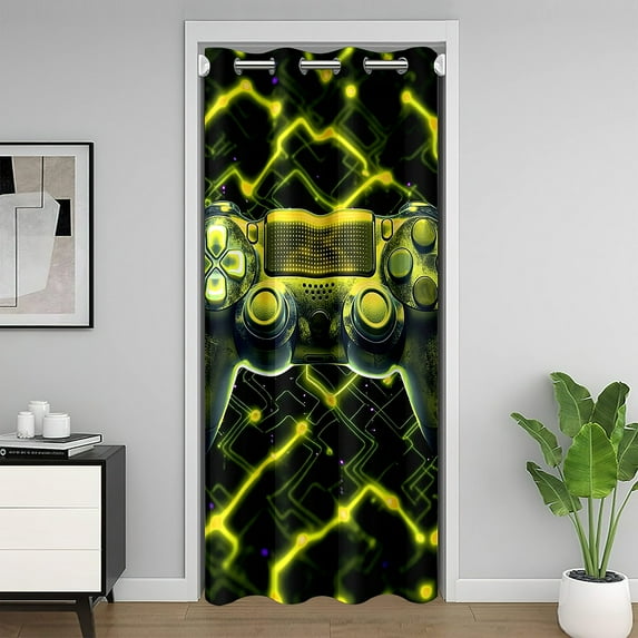 Gaming Controller Door Curtain For Doorway Privacy 59"W x 80"L, 3D Gamer Gamepad Blackout Curtain, Game Console Thermal Door Drape, Black Yellow Geometric Room Divider Curtain
