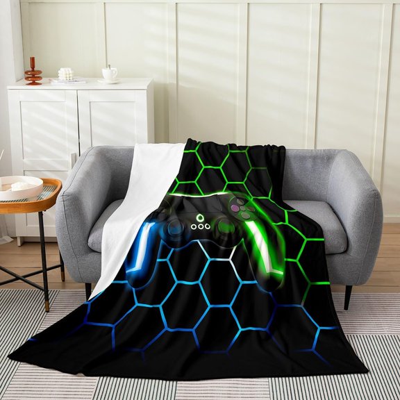 Gaming Controller Throw Blanket with Neon Hexagon Pattern for Boys and Men Soft Fleece Bed Blanket