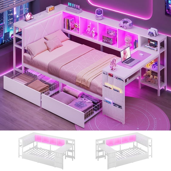 Gaming Corner Bed Frame Twin Size with Desk, Bookcase Storage and Charging Station, Twin Metal Daybed with LED Lights and 2 Storage Drawers, Corner Platform Bed Frame for Teen, White