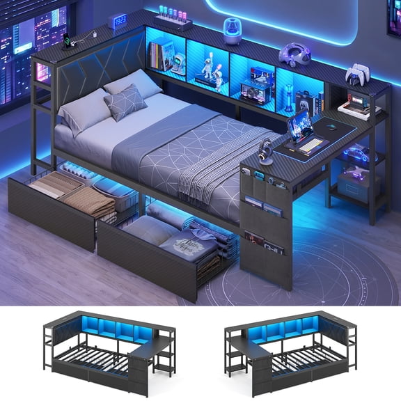 Gaming Corner Bed Frame Twin Size with Desk, Bookcase Storage and Charging Station, Twin Metal Daybed with LED Lights and 2 Storage Drawers, Corner Platform Bed Frame for Teen, Black