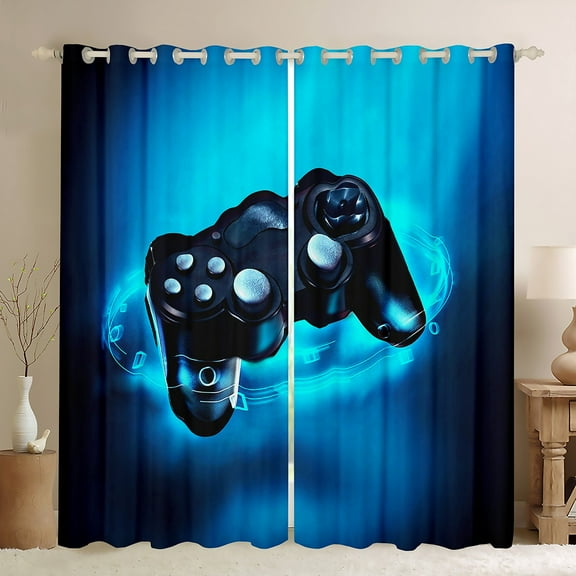 Gaming Curtain Game Room Decor Gamer Curtains Teens Playing Video Game Window Treatments Drapes With Grommets Game Controller Window Curtain 52"Wx90"L Inches Set Of 2 Panels Blue