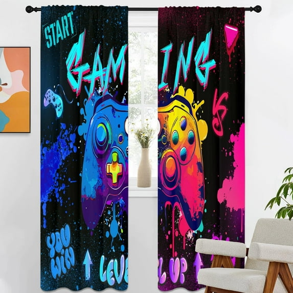 Gaming Curtains 42" W x 84" L Graffiti Gamepad for Gamer Boys Kids Teen Colorful Splashed Ink Cute Game Controller Playroom Living Room Bedroom Window Drapes Treatment Fabric 1 Pair
