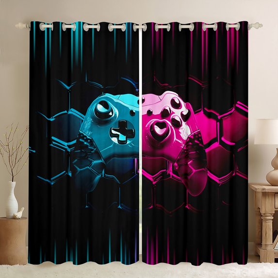 Gaming Curtains Blue Gamer 30%-50% Blackout Curtains Honeycomb Gaming 3D Bedroom Curtains Teal Purple Geometric Window Curtains Teen Cool Video Game Room Decor Curtains,52"Wx84"L