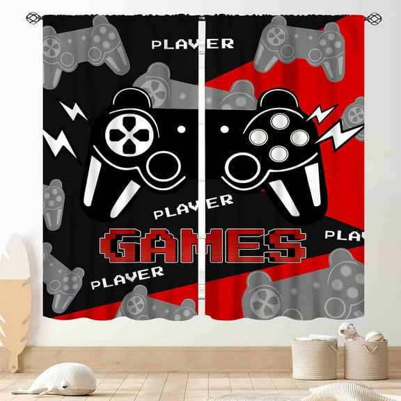 Gaming Curtains for Boys Bedroom, Kids Gamer Room Curtain Teens Black and Red Video Game Controller Window Treatments Drapes for Nursery Living Room Playroom 2 Panels, 55"x39" Inch