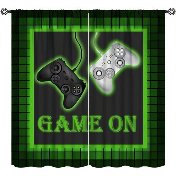 Gaming Curtains for Boys Game Room Decor, Gamer Curtains for Teens Kids Green Plaid Game Controller Print Window Treatments for Playrooms Bedroom, (W21xL54 Inch) x2 Panels