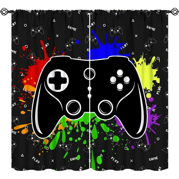 Gaming Curtains for Boys Teens, Black Video Games Video Game Window Drapes Game Controller Home Decor Window Treatments for Kids Bedroom Living Room, (W26xL84 Inch) x2 Panels