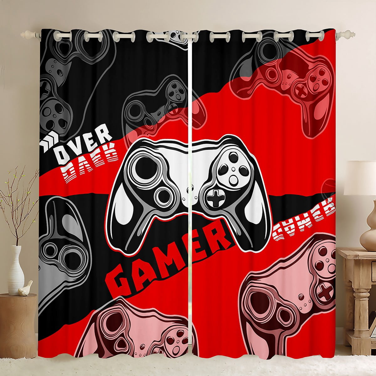 Gaming Curtains Teens Red And Black Gamer Curtains & Drapes Video Game Blackout Curtains Room Decor Window Treatments 52''Wx84''L Curtains & Drapes