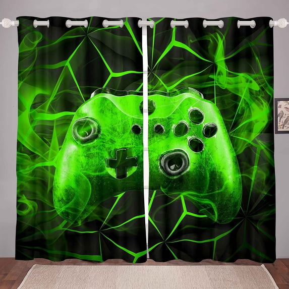 Gaming Curtains Drapes Kids Gamer Video Games Curtain Set for Boys Modern Game Controller Fabric Curtain Green Gamer 2Pieces