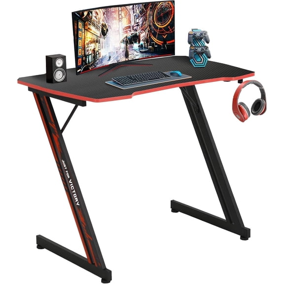 Gaming Desk 35.4 Inch, Z Shaped Table with Headphone Hook & Management,PC Table Gamer Workstation for Office, Red