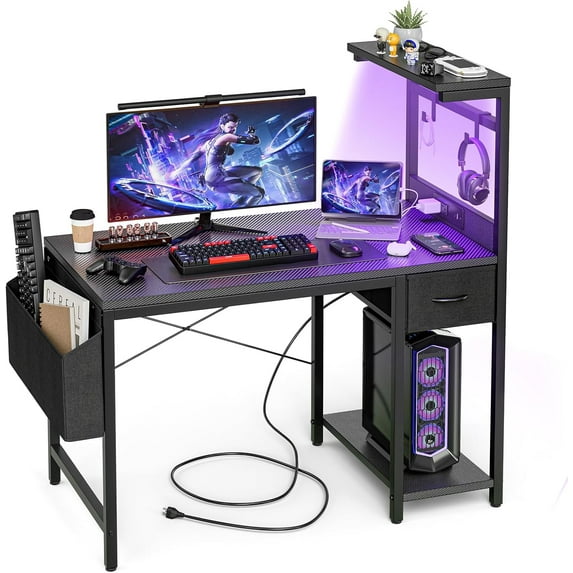 DQGaming Desk 40 Inch with Power Outlet and LED Light, Computer Desk with Reversible Shelves and Storage Drawer, Pc Small Desk for Home Office Table with Bag, Carbon Fiber Black