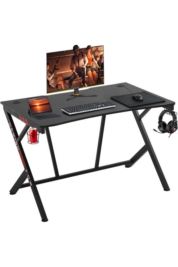 Gaming Desk 45" W x 29" D Home Office Computer Desk Racing Style Study DeskExtra Large Modern Ergonomic PC Carbon Fiber Writing Desk Table with Cup Holder Headphone Hook