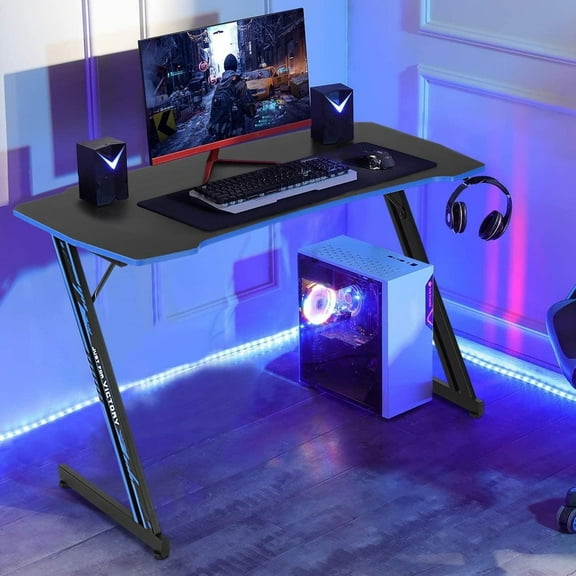 47-inch Modern Z-Shaped Gaming Desk, Ergonomic Racing Style PC Computer Workstation with Headphone Hook, Blue