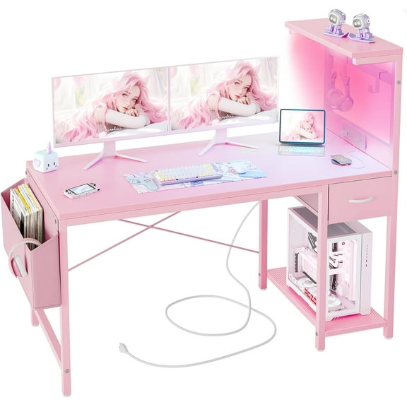Gaming Desk 47 inch with Power Outlet and LED Light, Computer Desk with Reversible Shelves and Storage Drawer, Small PC Desk for Home Office Table with Bag, Carbon Fiber Pink