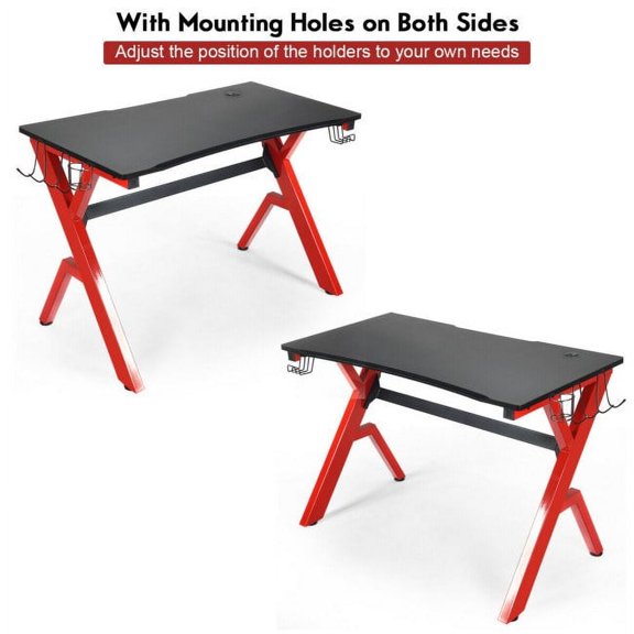 Gaming Desk 48.5x23.5 Inch R-Shape Steel Frame MDF E-Sports Table Headphone Hook Cup Holder Controller Stands Mouse Pad Home Office Dorm Room Computer Setup Black Red Heavy Duty Gaming Workstation