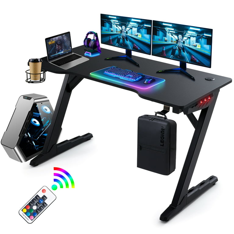 Deco Gear 47 LED Gaming Desk, Carbon Fiber Surface, Cable Management, Headphone Hook