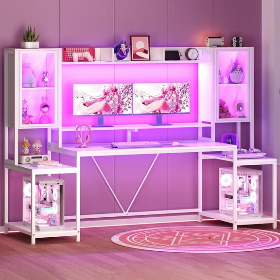 Gaming Desk 74.8'' with LED Lights, Hutch and Storage Shelves, Computer Desk with Monitor Stand, Large PC Gamer Desk Workstation, Ergonomic Gaming Table for Bedroom, Living Room, White