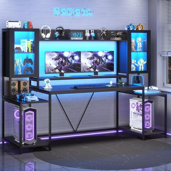 Gaming Desk 74.8'' with LED Lights, Hutch and Storage Shelves, Computer Desk with Monitor Stand, Large PC Gamer Desk Workstation, Ergonomic Gaming Table for Bedroom, Living Room, Black