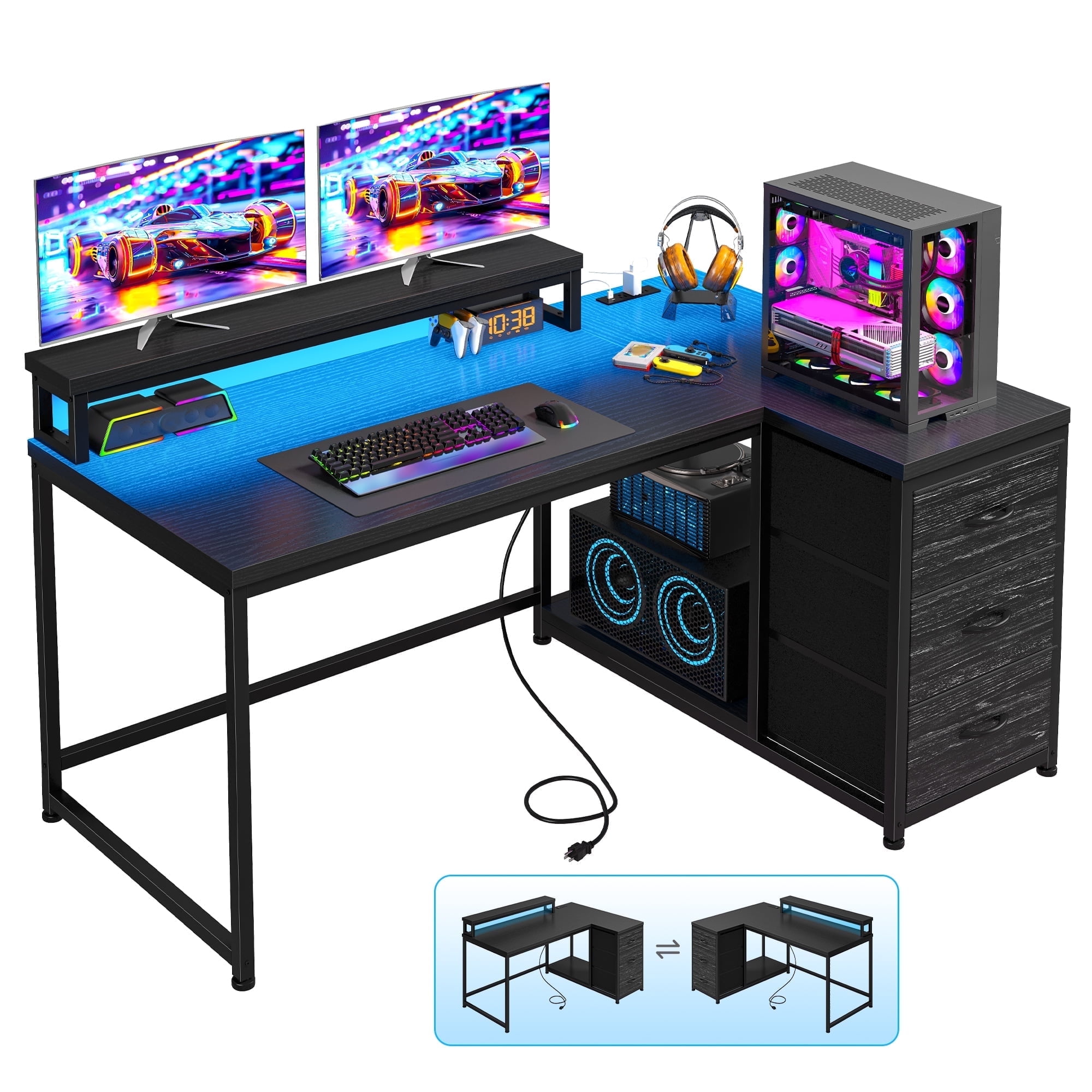 Romorgniz Gaming Desk Computer Desk with LED Lights & Power Outlet Reversible l Shaped Desk with 3 Drawers 40"L Office Desk with Monitor Stand for Gaming Room,Home Office,Bedroom，Black