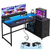 Romorgniz L-Shaped Gaming Desk with 3 Drawers, LED Lights & Monitor Stand Computer Desk with Power Outlet for Small Space, Corner, Black