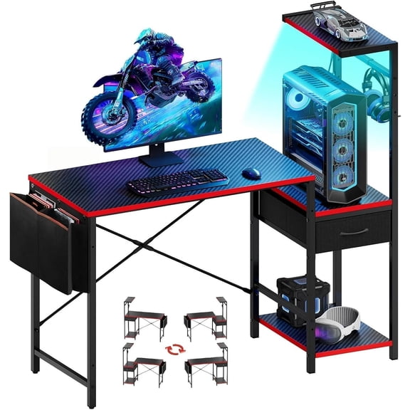 Gaming Desk with Drawer, 44 Inch Small Computer Desk with PC Shelf, Gaming Table with LED Lights for Small Spaces, Reversible Gamer Desk with Storage Bag & Side Hook, Black-RED