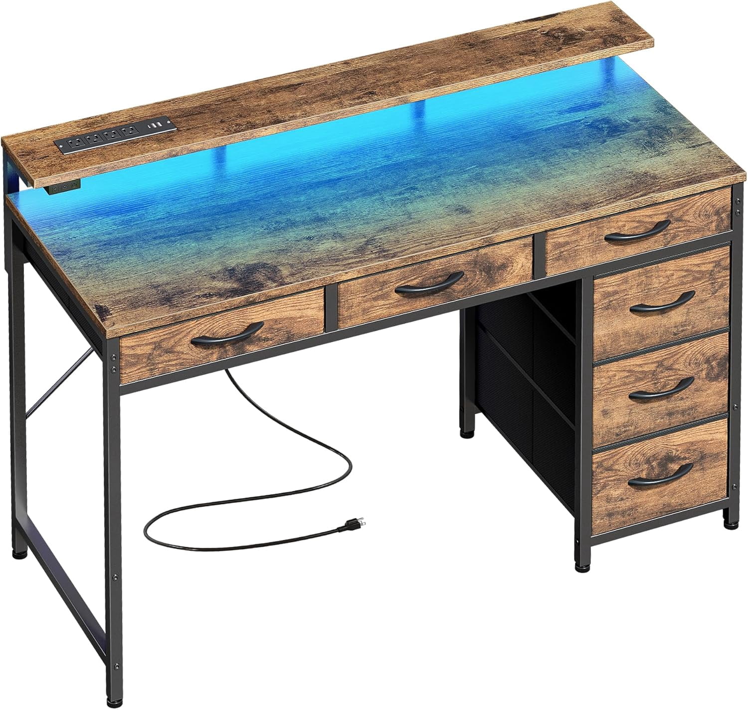 Gaming Desk with Drawers Computer Desk with LED Lights Power Outlets ...