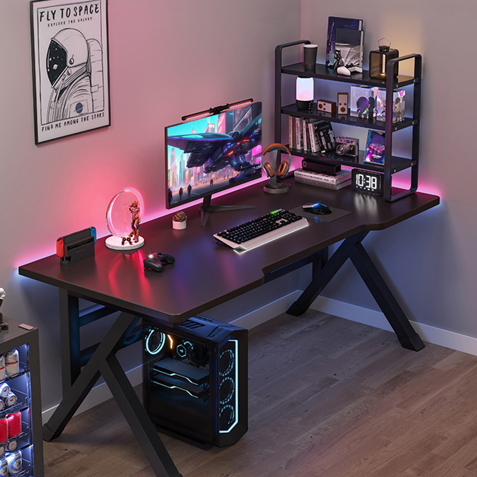 Gaming Desk, Ergonomic Computer Game Table with X-shaped Steel Legs ...
