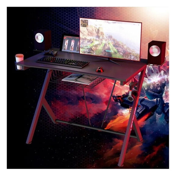Gaming Desk with Headset Hook & Cup Holder, 52" E-Sport Computer Desk with Monitor Shelf, P2 MDF PVC Steel Frame, Cable Management, Diamond Pattern Surface, Black