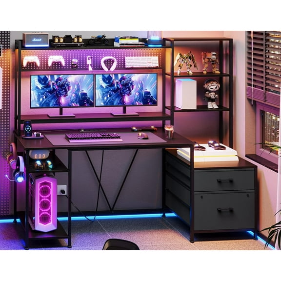 Gaming Desk with Hutch, 65in Reversible Computer Desk with Power Outlets LED Light, Home Office Desk with Monitor Stand 2 Drawers 4 Storage Shelves Pegboard 8 Hooks Mouse Pad (Black)