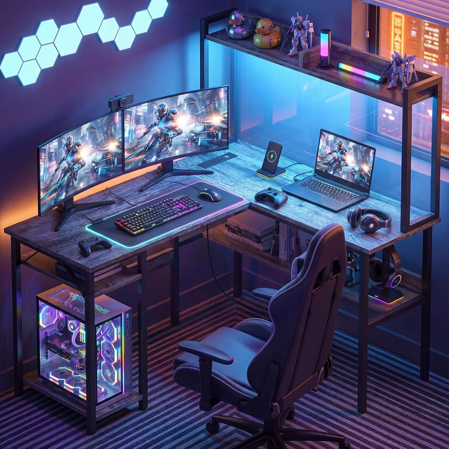 Gaming Desk L Shaped, Corner PC Computer Desk with Hutch,RGB LED Lights,Power Outlet,Storage Shelves, 47.2" Reversible Large Surface Table for Bedroom Home Office