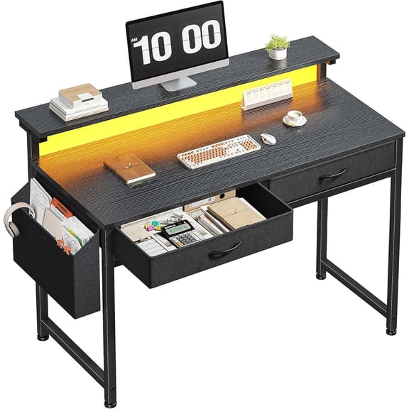 Gaming Desk with LED Lights & 2 Fabric Drawers, 39.4-Inch Home Office Computer Desk with Side Pocket and Ergonomic Monitor Stand, Small Space Study Writing Table with Anti-Tip Design, Black