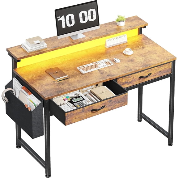 Gaming Desk with LED Lights & 2 Fabric Drawers, 39.4Inch Home Office Computer Desk with Side Pocket & Ergonomic Monitor Stand, Small Space Study Writing Table with Anti-Tip Design, Rustic Brown