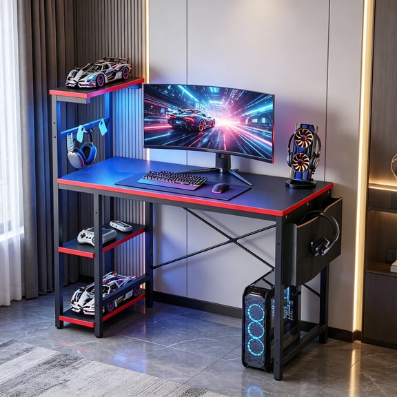 Gaming Desk with LED Lights, 44.3 Inch PC Gamer Desk for Small Spaces, Computer Desk with Reversible Storage Shelves & Side Storage Bag (Black 3D Carbon Fiber)