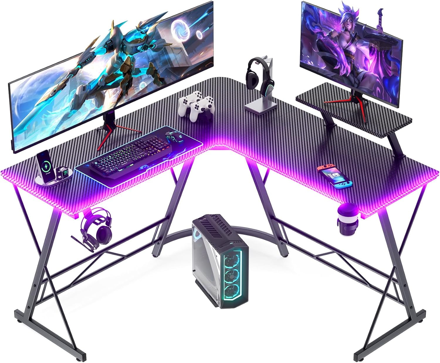 Gaming Desk with LED Lights, L Shaped Desk Corner with Cup Holder ...