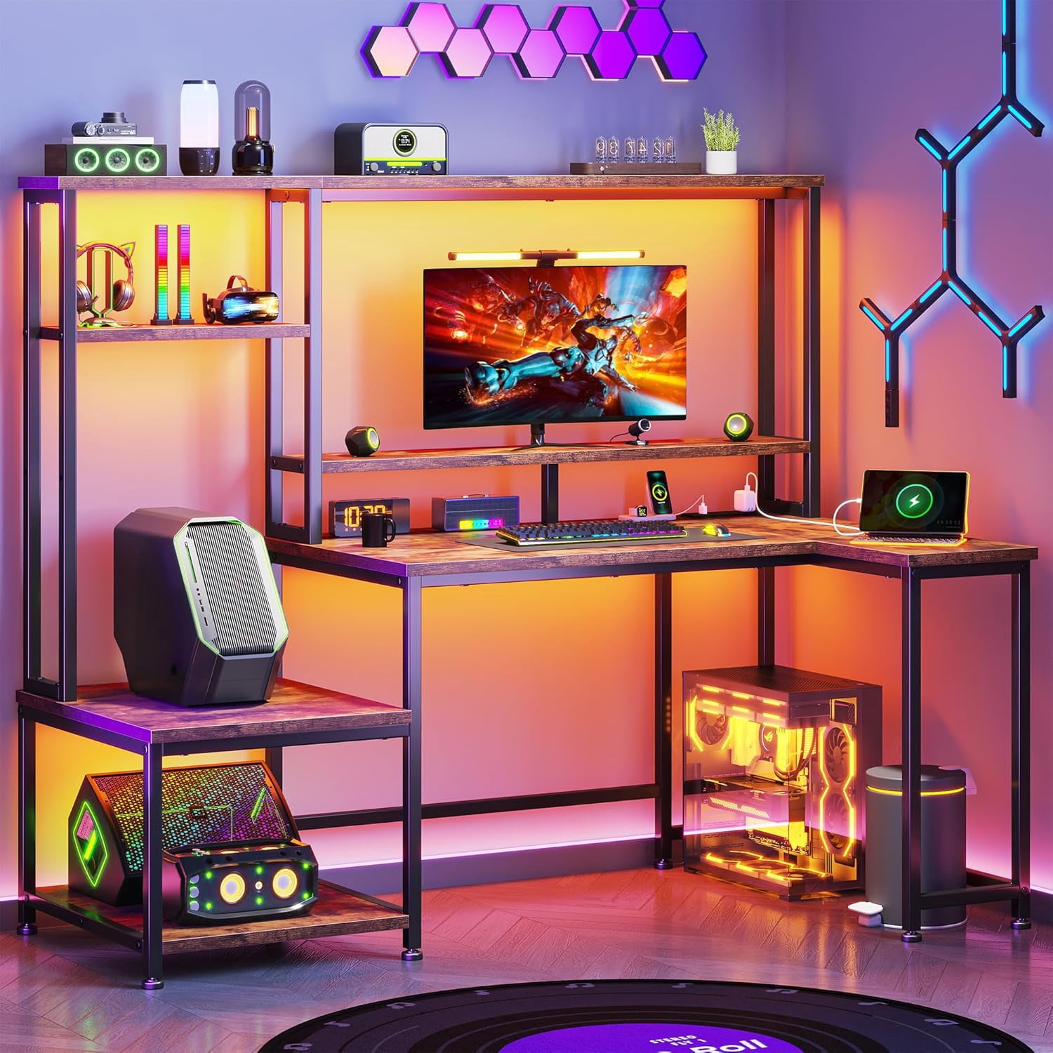 Gaming Desk with LED Lights & Outlets,55" L Shaped Computer Desk with Shelves & Storage Hutch,Reversible Corner Gaming Table with Printer Space & Monitor Stand for Home Office,Rustic Brown