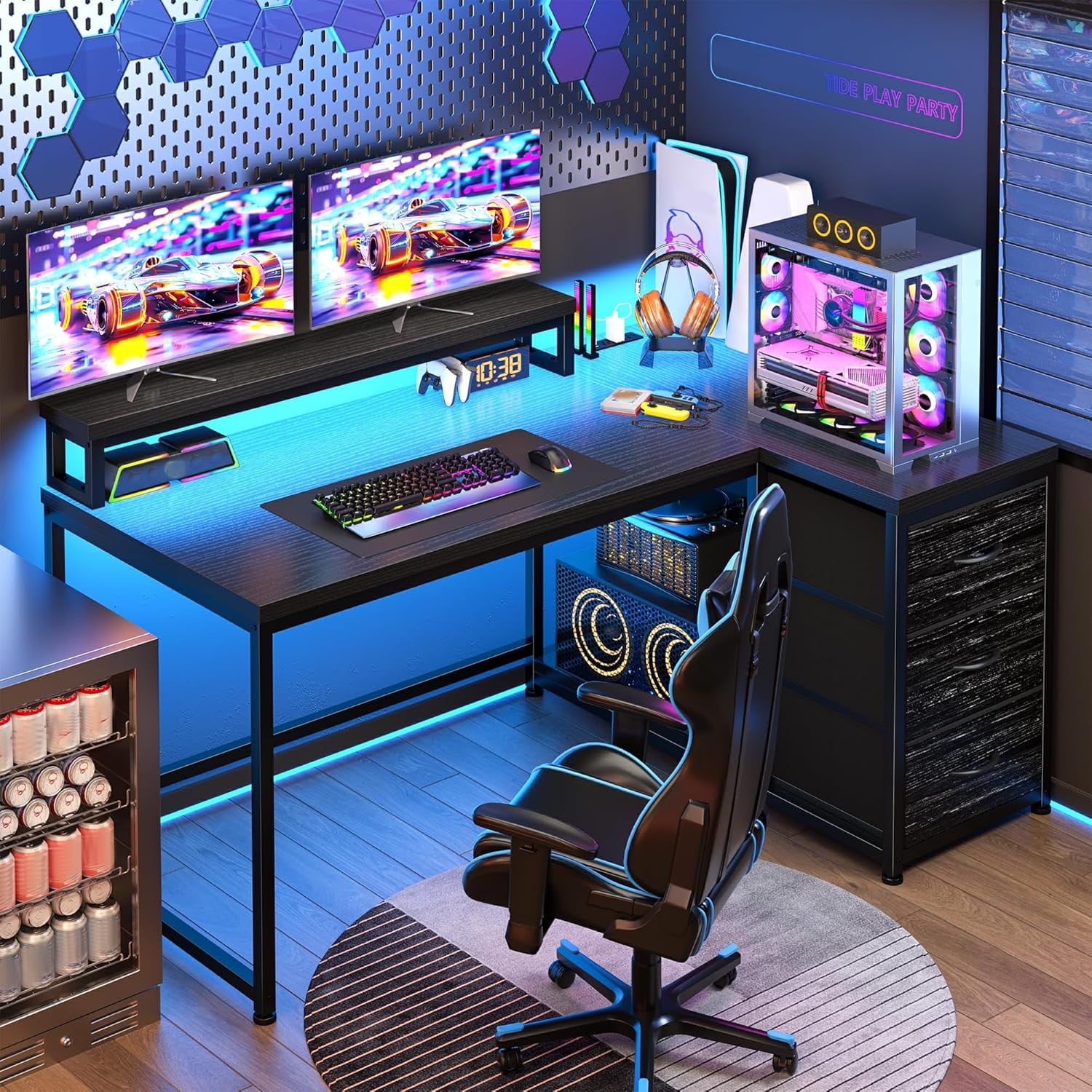 Gaming Desk with LED Lights & Power Outlet, 40Inch L Shaped Computer Desk with Drawers, Small Desk Home Office Desks with Monitor Stand for Gaming,Study Room,Home Office,Bedroom,Black