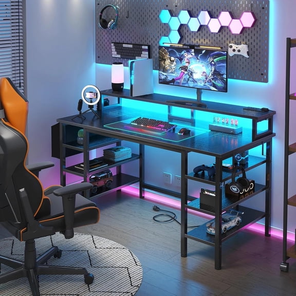 Gaming Desk with LED Lights and Storage Shelves, 47 inch Computer Desk with Power Outlets, Home Office Desk with Monitor Stand, Writing Table PC Desks, Black