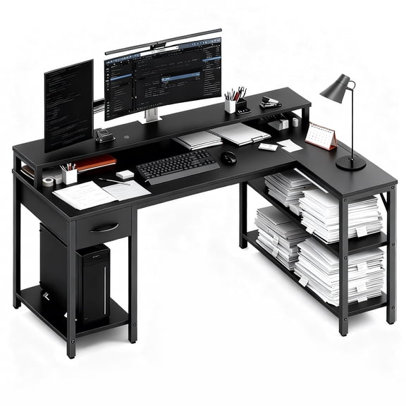 Gaming Desk with LED Lights & USB Charger - 47/53 Inch Reversible L-Shaped Computer Desk, Built-in Power Strip & Monitor Stand, RGB Gamer Desk for PC Gaming Setup