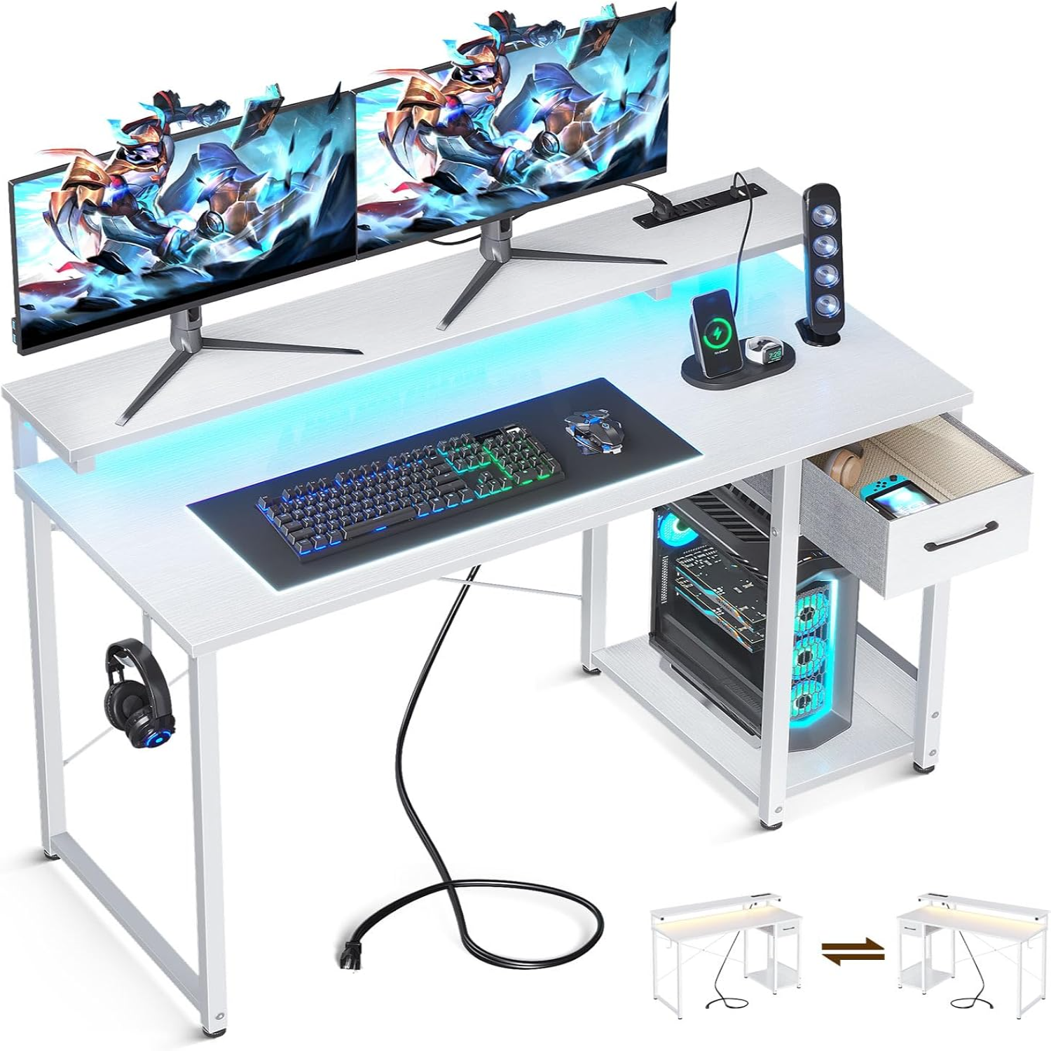 Gaming Desk with LED Lights & Power Outlet 40 Inch Computer Desk with