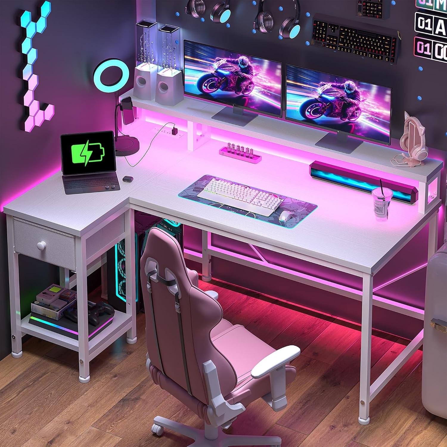 Gaming Desk with LED & Power Outlet, 40Inch L Shaped Small Computer ...