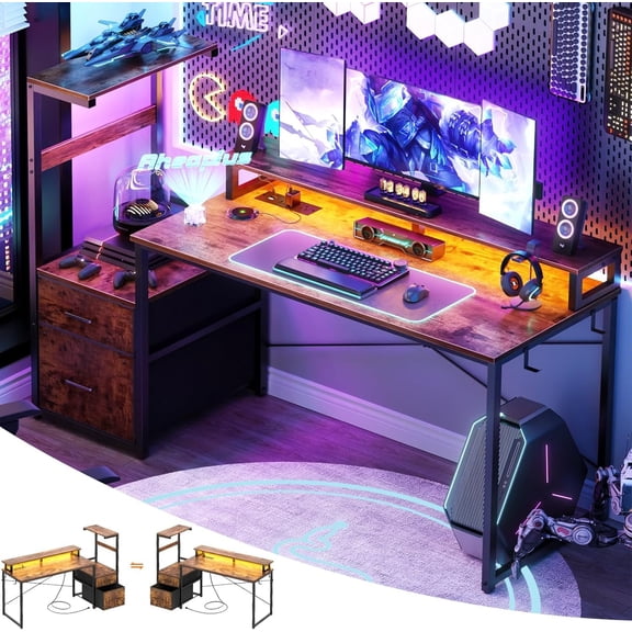 Gaming Desk with LED Strip & Power Outlet, 59Inch Reversible Desk with Stand & Storage Shelves, Office Desks with Fabric File Drawer, Gamer Table PC Desk, Rustic Brown
