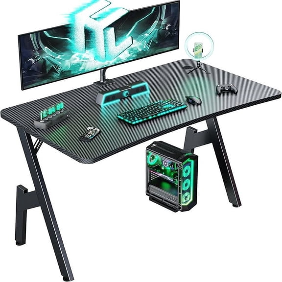 Gaming Desk, Large Computer Gaming Desk Table with Cable Management, Ergonomic Carbon Fiber Gamer Table Pc Work Home Office Desks with Cup Holder & Headphone Hook & Mouse Pad, Black