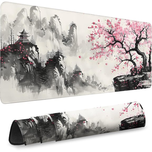 Gaming Desk Mat with Silky Smooth Surface & Exquisite Patterns,31.5x11.8 Inches Large-Sized Mouse Pad, Perfect for Extended Gaming,Work,and Home Office Decor (Japanese Ink Painting -6)